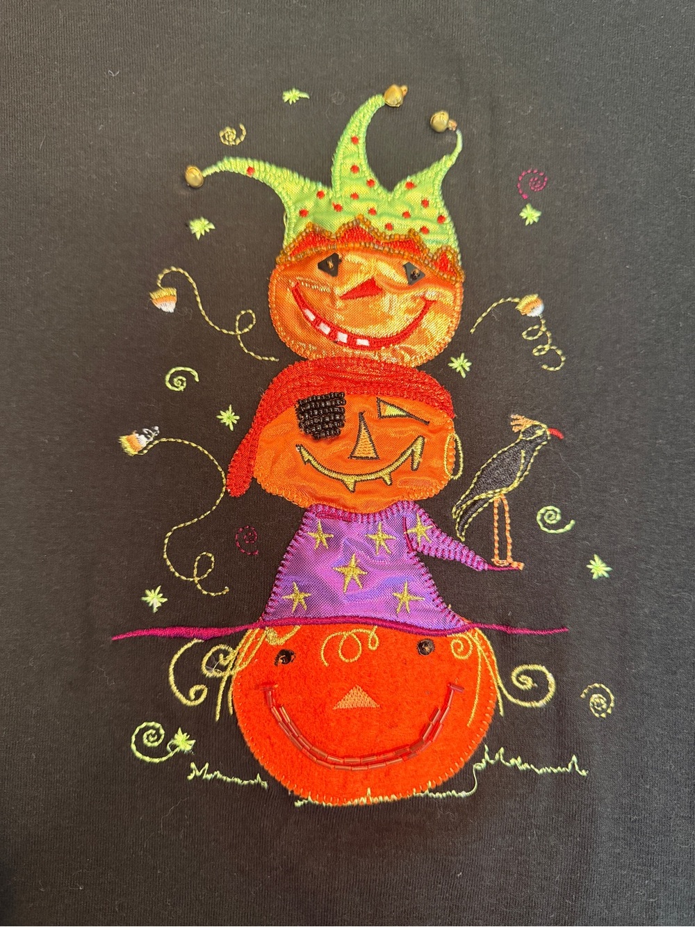 White Stag Halloween Pumpkin Embroidered Black Long Sleeve Shirt Womens Size Lar